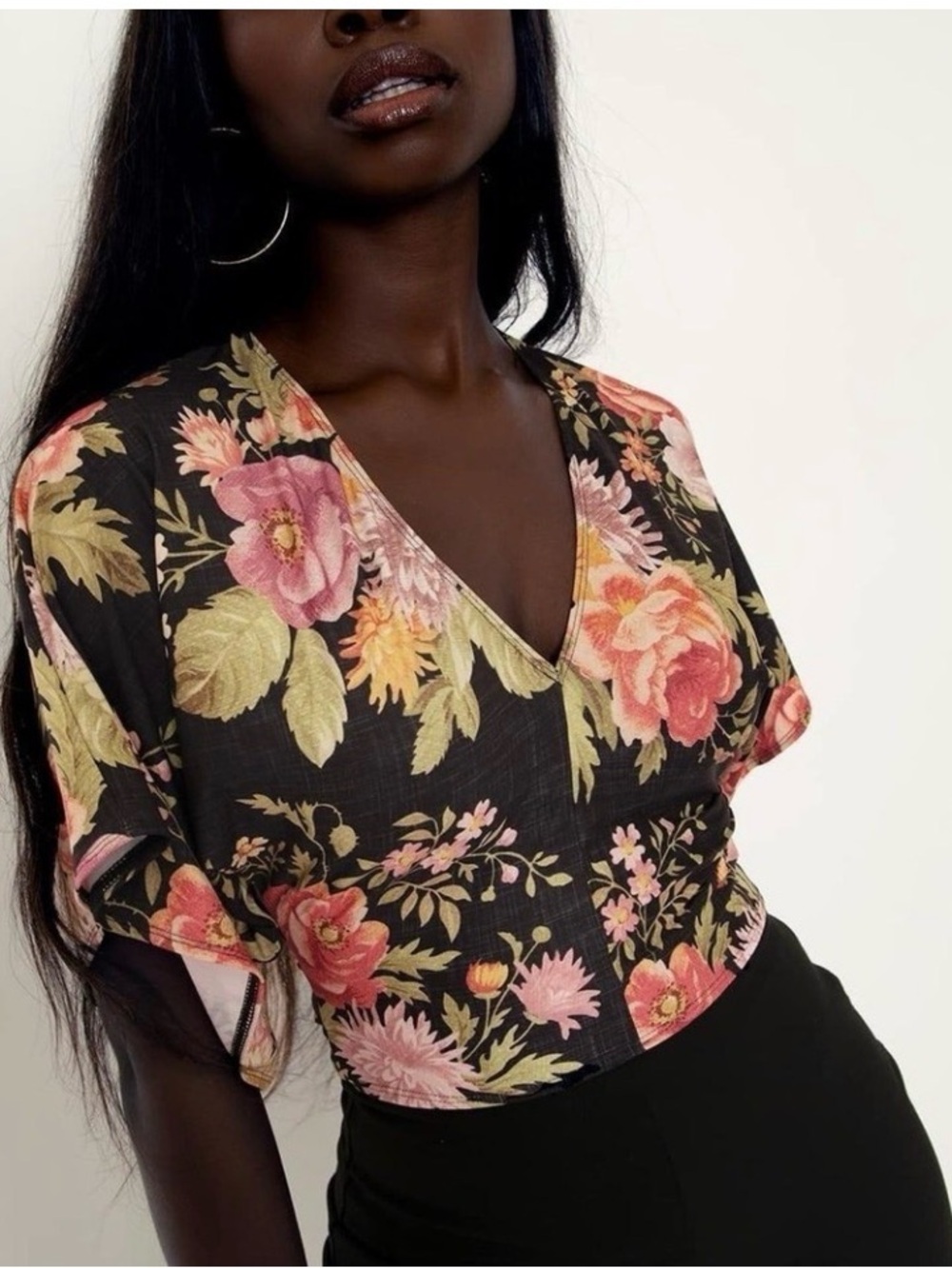 Blackmilk Black Floral Wrap Top with Pink & Green Accents